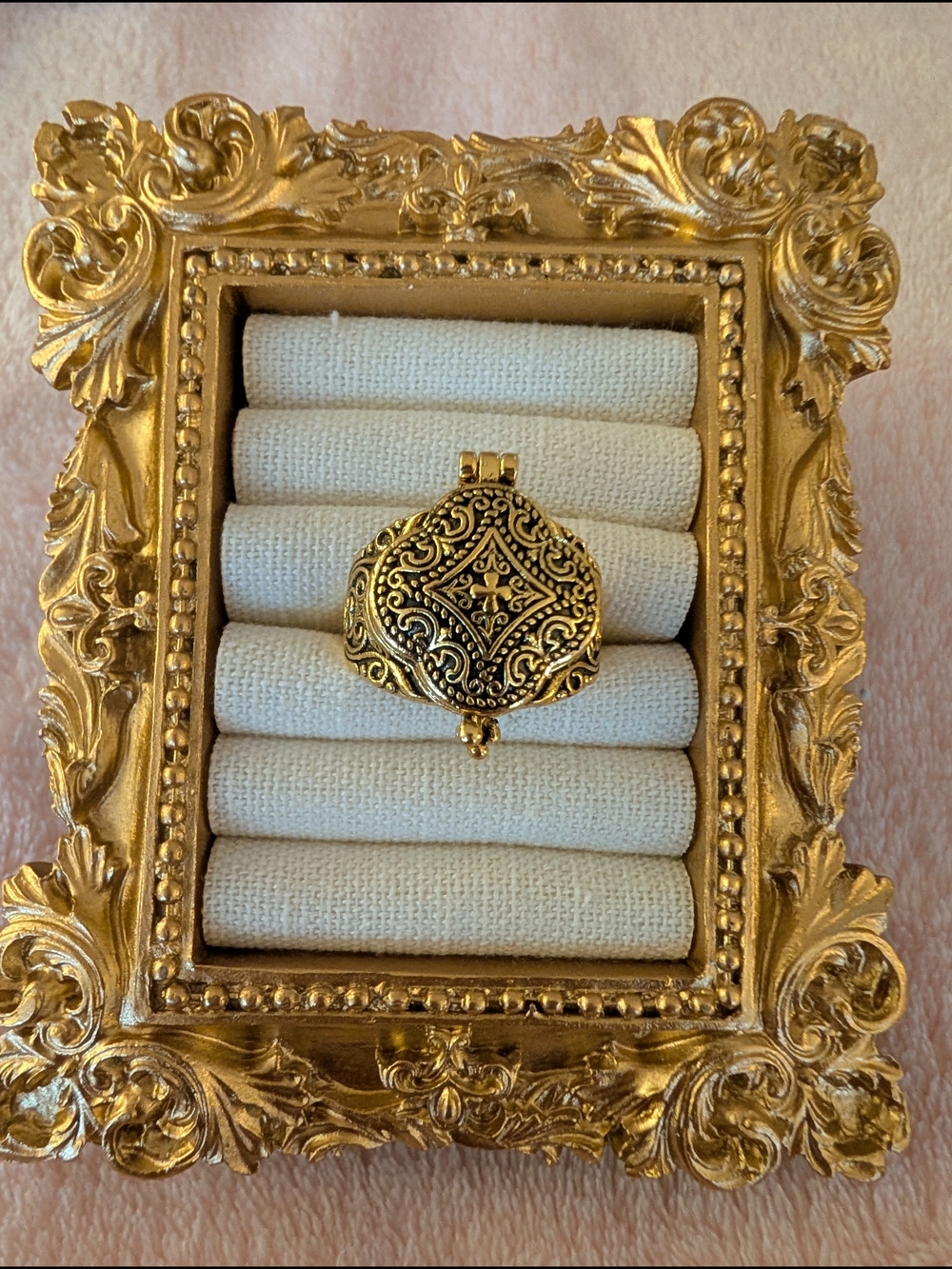 Ornate Filigree Gold-Tone Poison Locket Ring